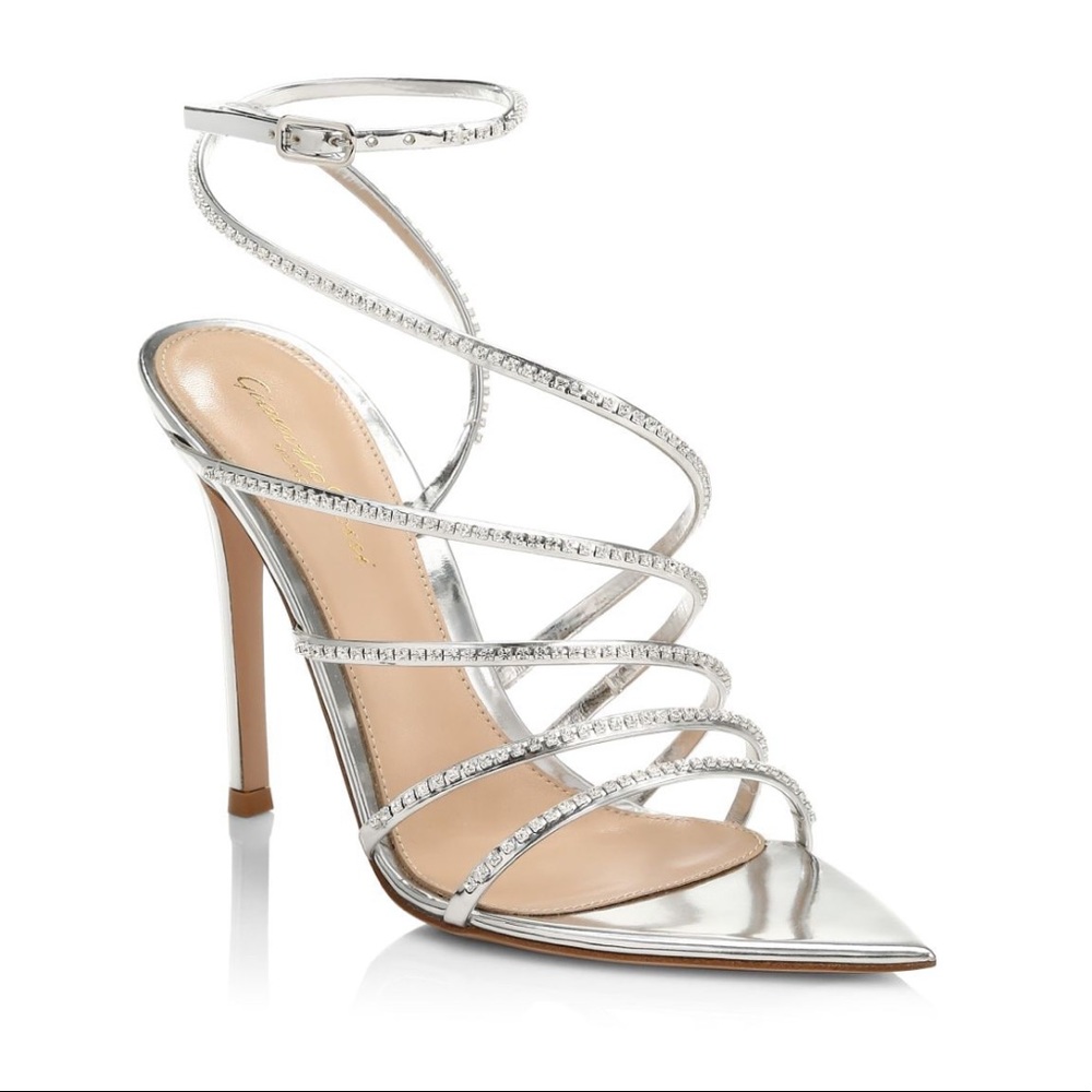 Gianvito Rossi Chantel Embellished Silver Strappy Pointed Toe Sandals